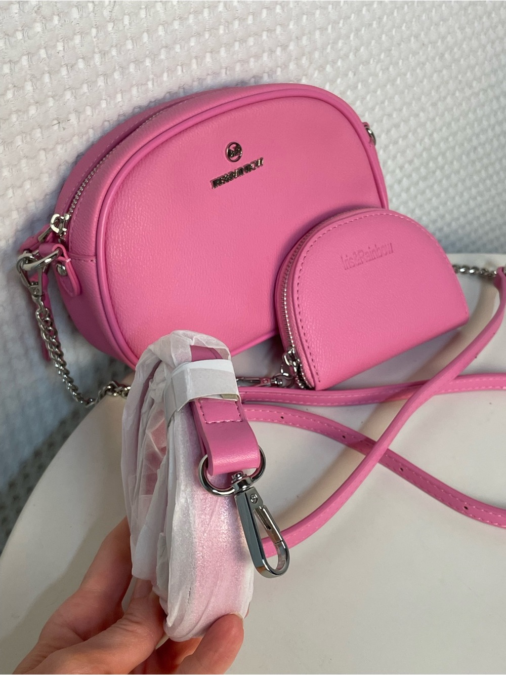 Iris & Rainbow Night Out Crossbody Bag in Bubble Gum Pink with Coin Pouch - Picture 11 of 15